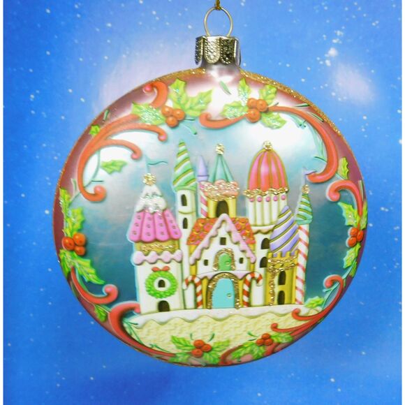 Merry Christmas Blown Glass Ornament Gingerbread Castle Hanging - Picture 1 of 8